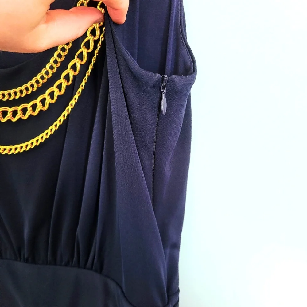 Milly of New York Blue Sleeveless Stretchy Sheath Dress w/ Gold Chain Necklace - Picture 5 of 8